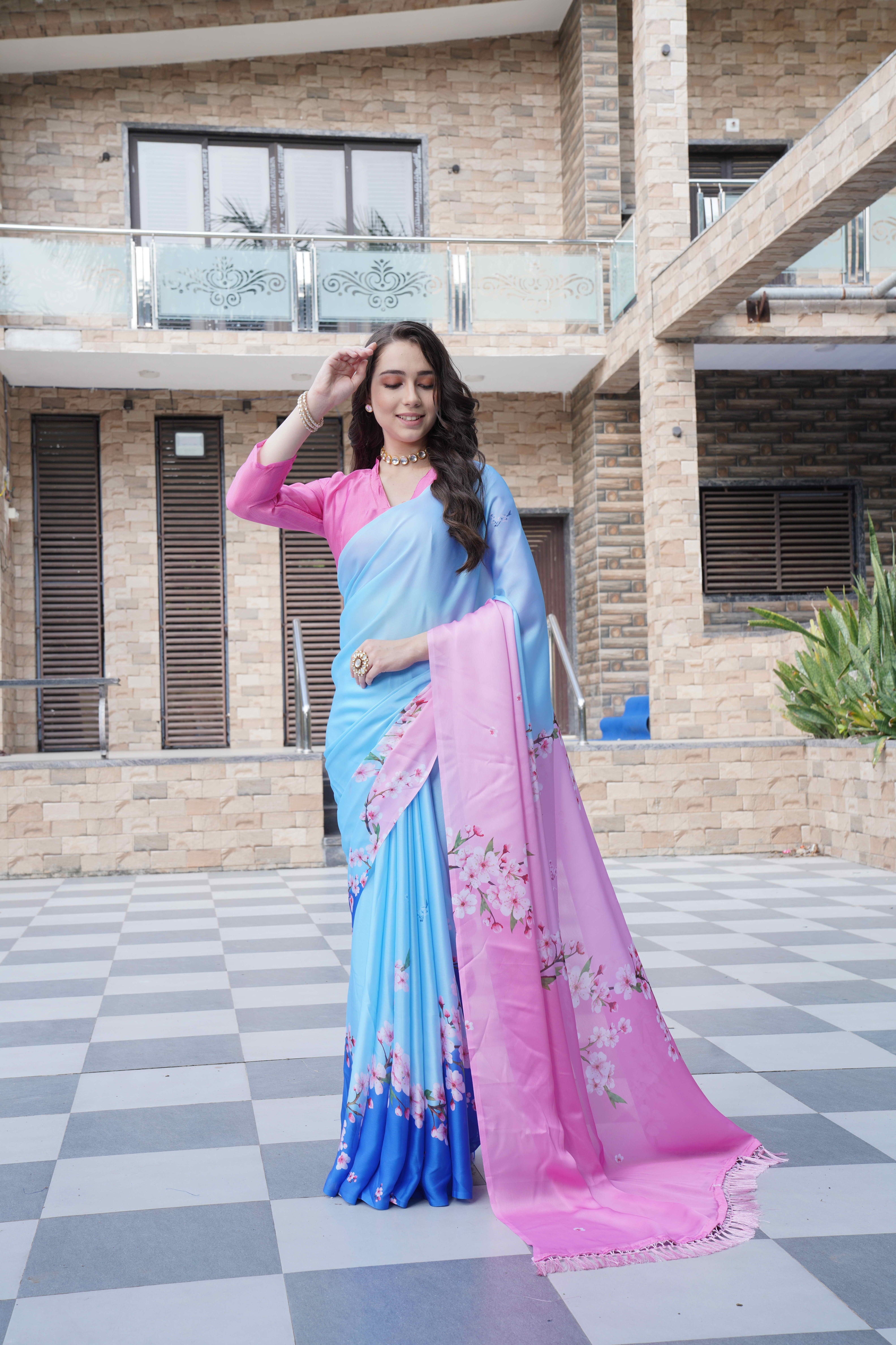 Sky Blue Colour Block Georgette Saree